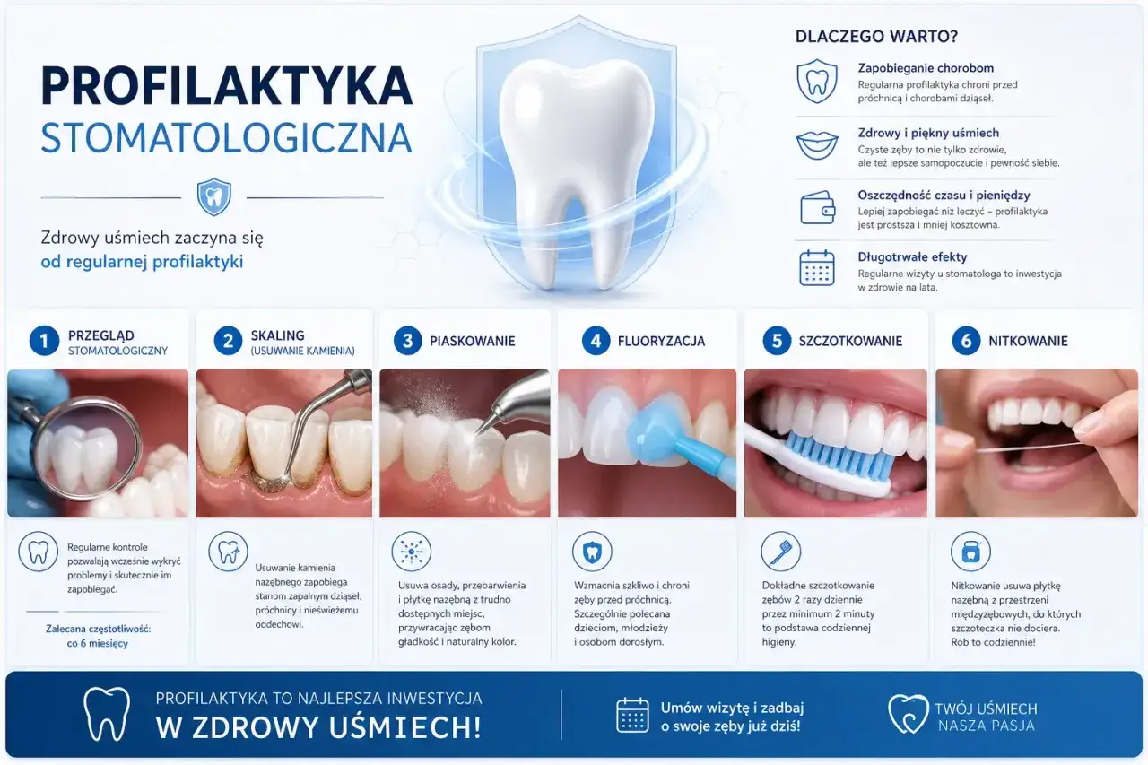 Profilaktyka stomatologiczna: przegląd, skaling, piaskowanie, fluoryzacja, szczotkowanie i nitkowanie. Dbaj o zęby, by mieć zdrowy uśmiech.