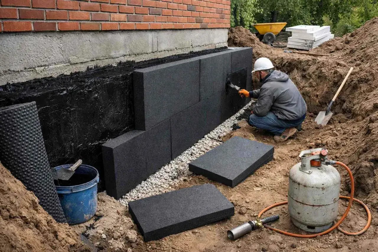 Pracownik wykonuje izolację starych fundamentów z kamienia, przyklejając płyty styropianowe do zaizolowanej ściany.
