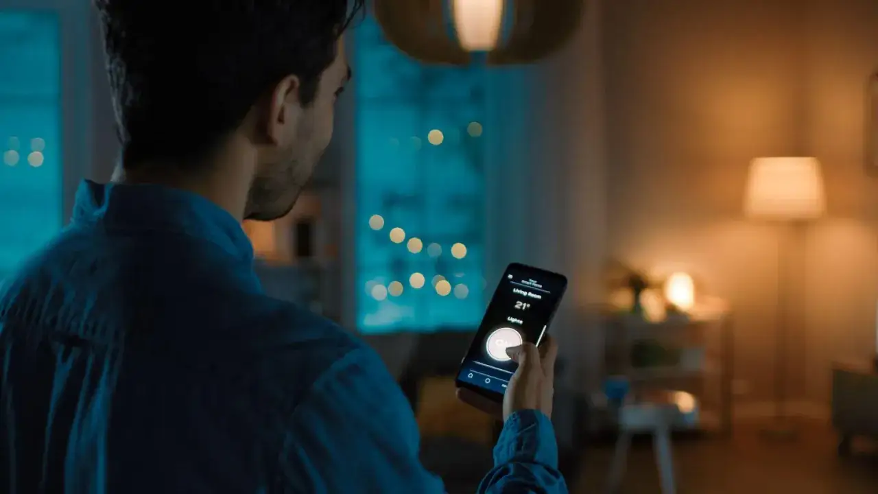 Hombre controlando luces y temperatura de su hogar con su smartphone, demostrando la comodidad de los productos inteligentes.