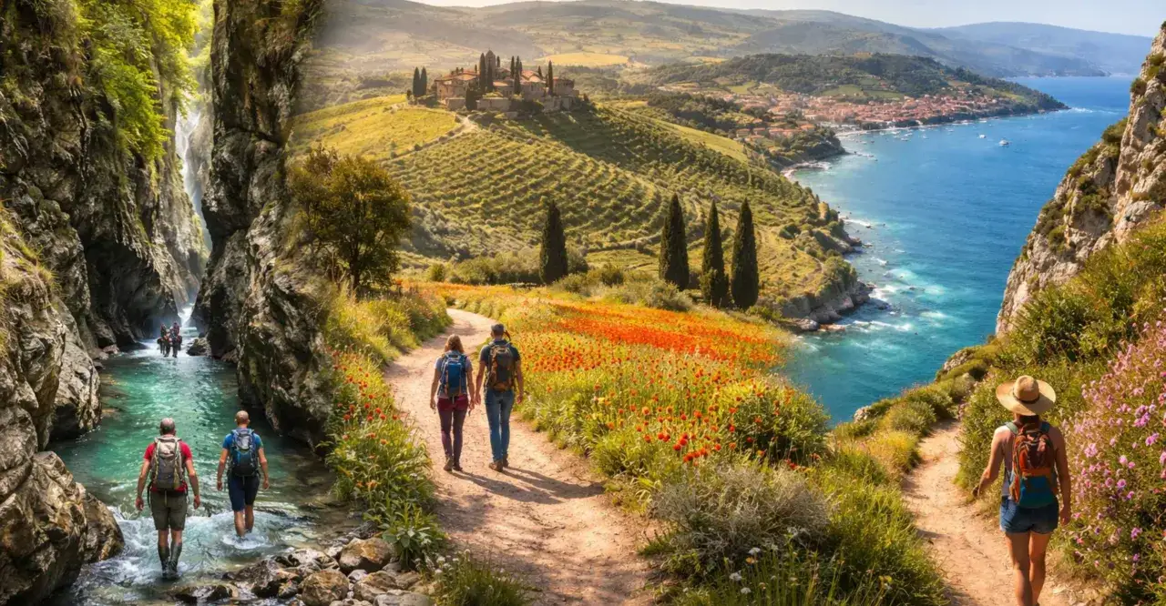 Persone fanno camminate in Toscana, tra gole rocciose con cascate, sentieri fioriti e panorami marini mozzafiato.