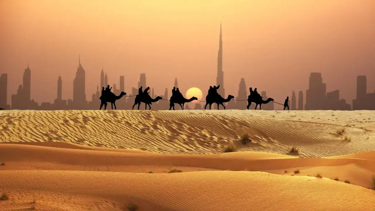 Karawana wielbłądów przemierza pustynię w Dubaju w styczniu, na tle zachodzącego słońca i futurystycznej panoramy miasta.