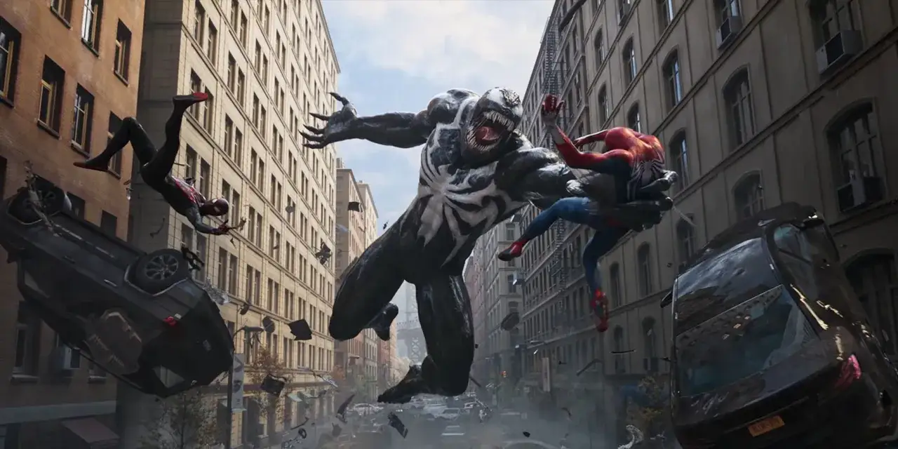 Spiderman 2: Venom atakuje, a dwaj Spider-Mani walczą o przetrwanie wśród zniszczonych samochodów i budynków.