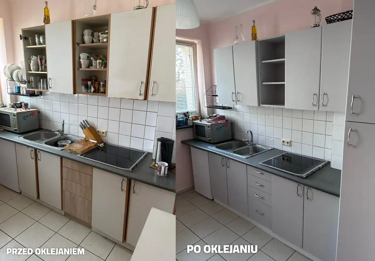 Przed i po metamorfozie kuchni. Pokazano, jak okleić meble z rowkami, nadając im nowy, świeży wygląd.