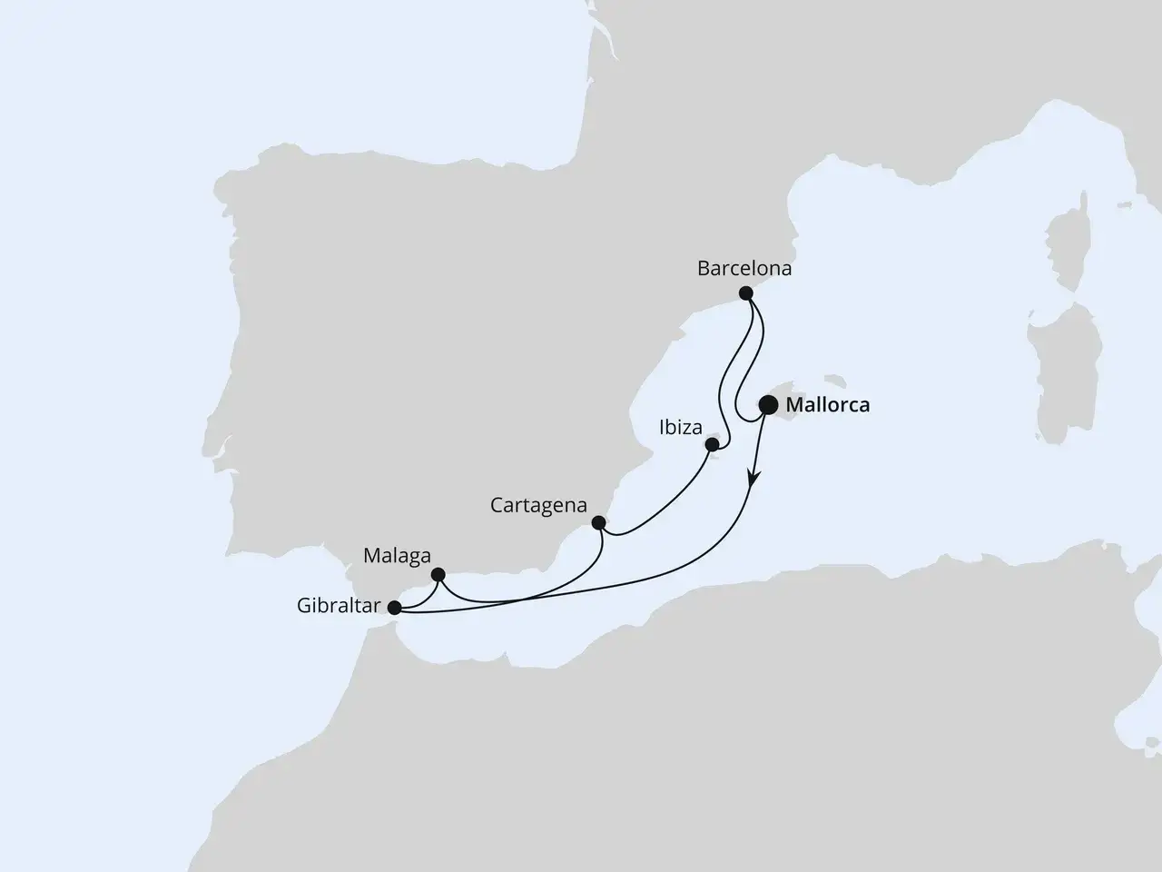 Karte mit Kreuzfahrtroute: Gibraltar, Malaga Hafen, Cartagena, Ibiza, Mallorca und Barcelona.
