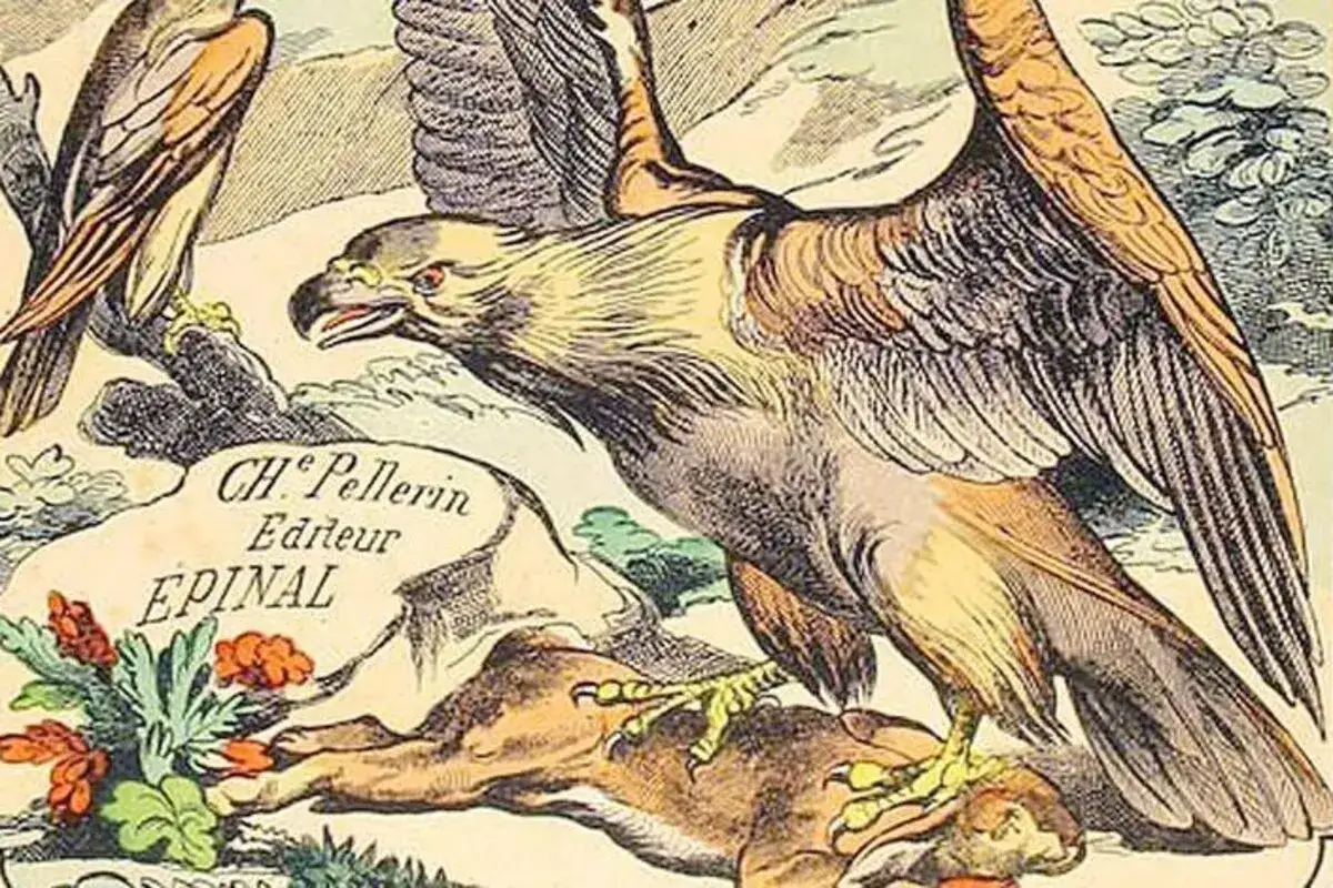 Image d'Épinal : un aigle majestueux, aux ailes déployées, protège sa proie, un lapin, sur fond de nature stylisée.