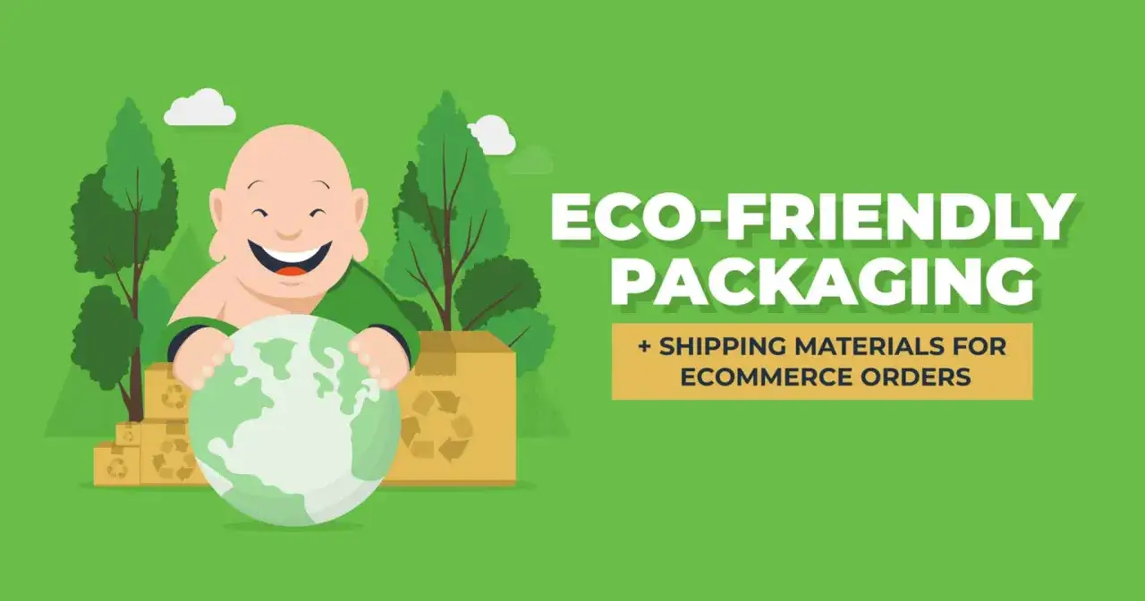 Uśmiechnięta postać trzymająca Ziemię, otoczona drzewami i pudełkami z symbolem recyklingu. To przykłady opakowań ekologicznych dla e-commerce.