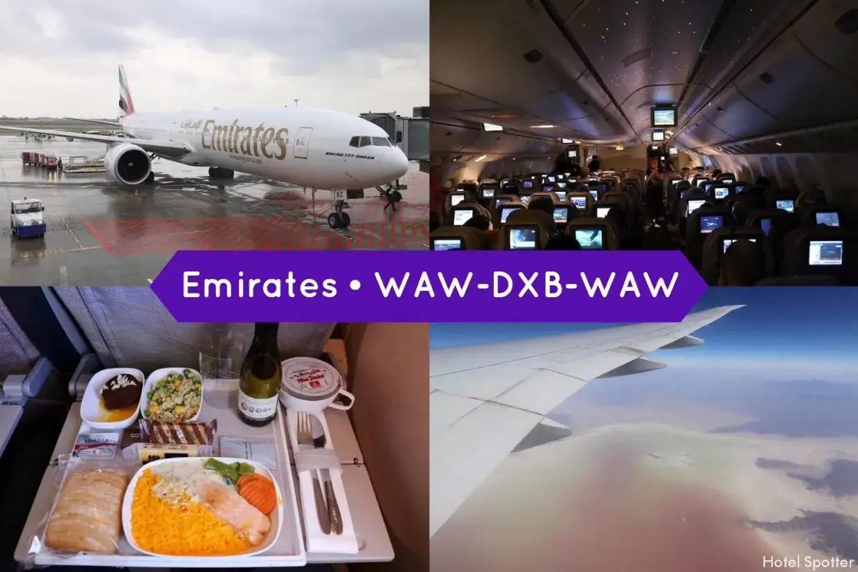 Emirates &ndash; podr&oacute;ż z Warszawy do Dubaju i z powrotem. Samolot na płycie lotniska, wnętrze kabiny, posiłek i widok z okna.