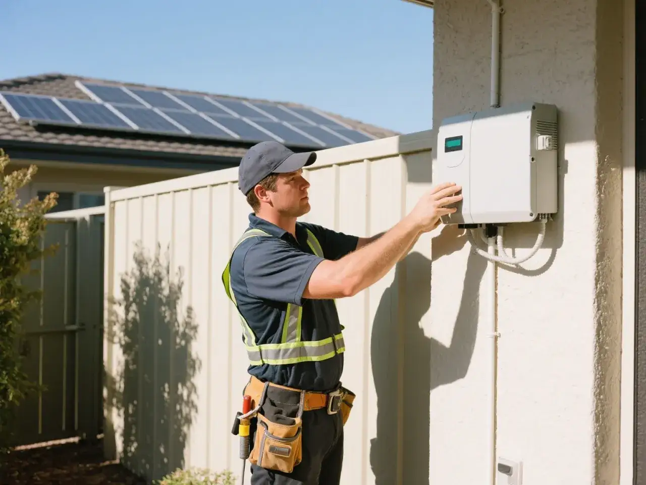 Technicien ajustant un local onduleur sur un mur extérieur, avec des panneaux solaires visibles sur le toit en arrière-plan.