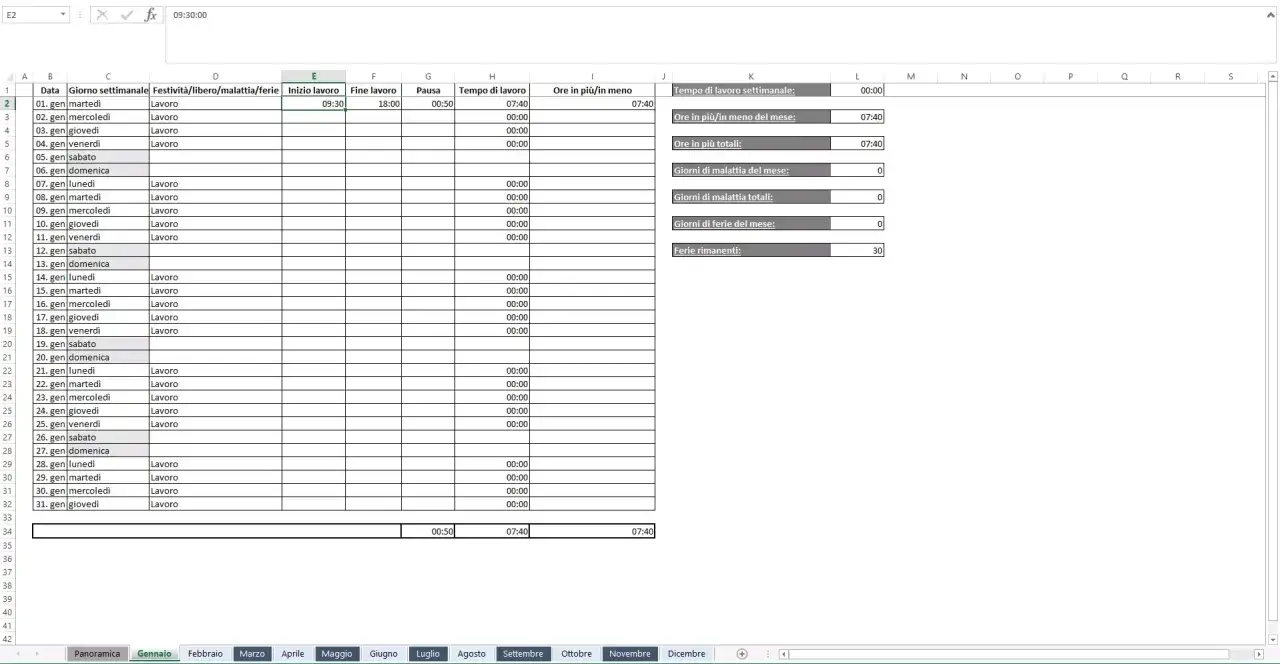 Modello Excel gratuito per il tuo rapportino di lavoro giornaliero. Traccia ore, ferie e malattie con facilità.