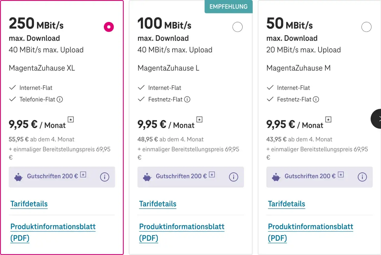 Telekom-Tarife: MagentaZuhause XL, L, M mit 250, 100, 50 MBit/s. Günstige Angebote für Internet & Telefonie.