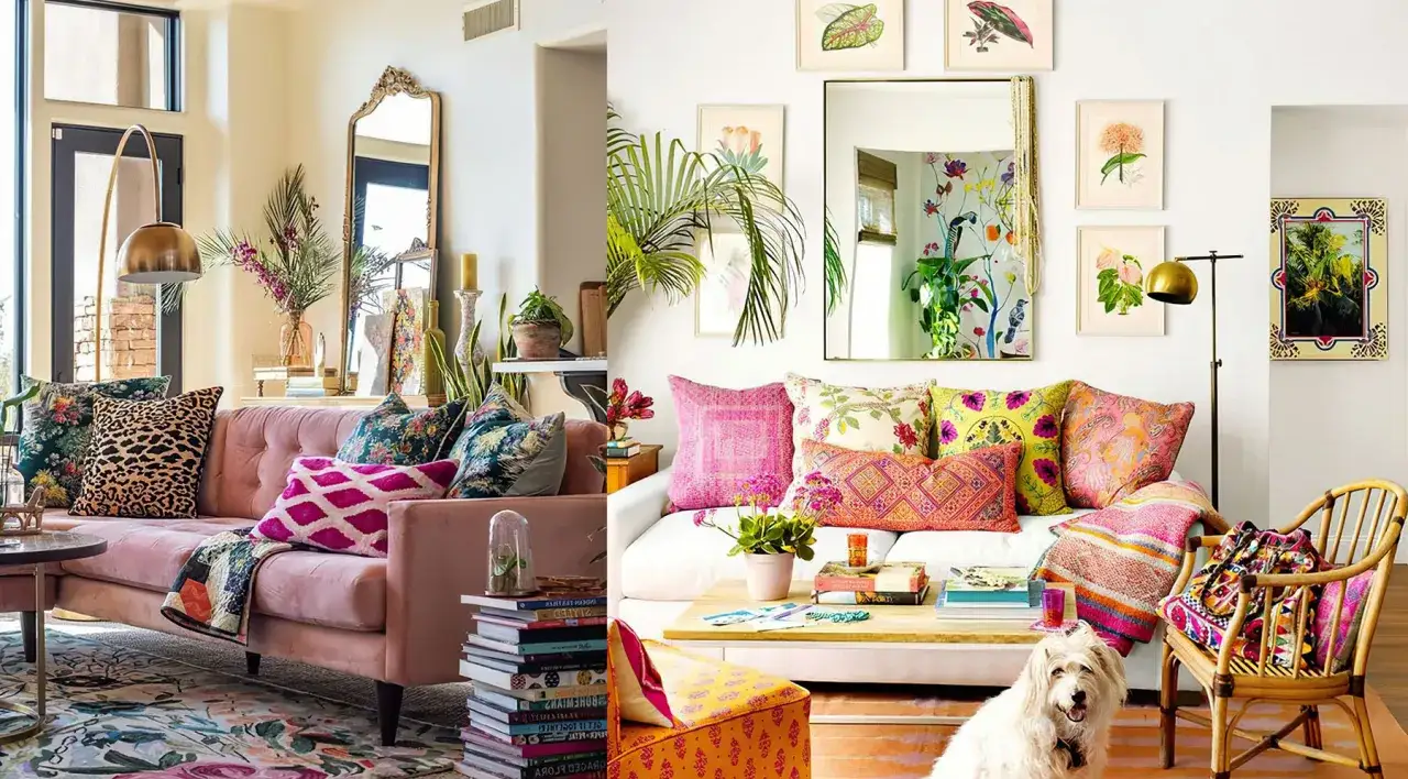 Gem&uuml;tliche Wohnzimmer mit rosa Sofas, vielen Kissen mit **boho Muster** und Pflanzen. Ein Hund sitzt vor einem Sessel.