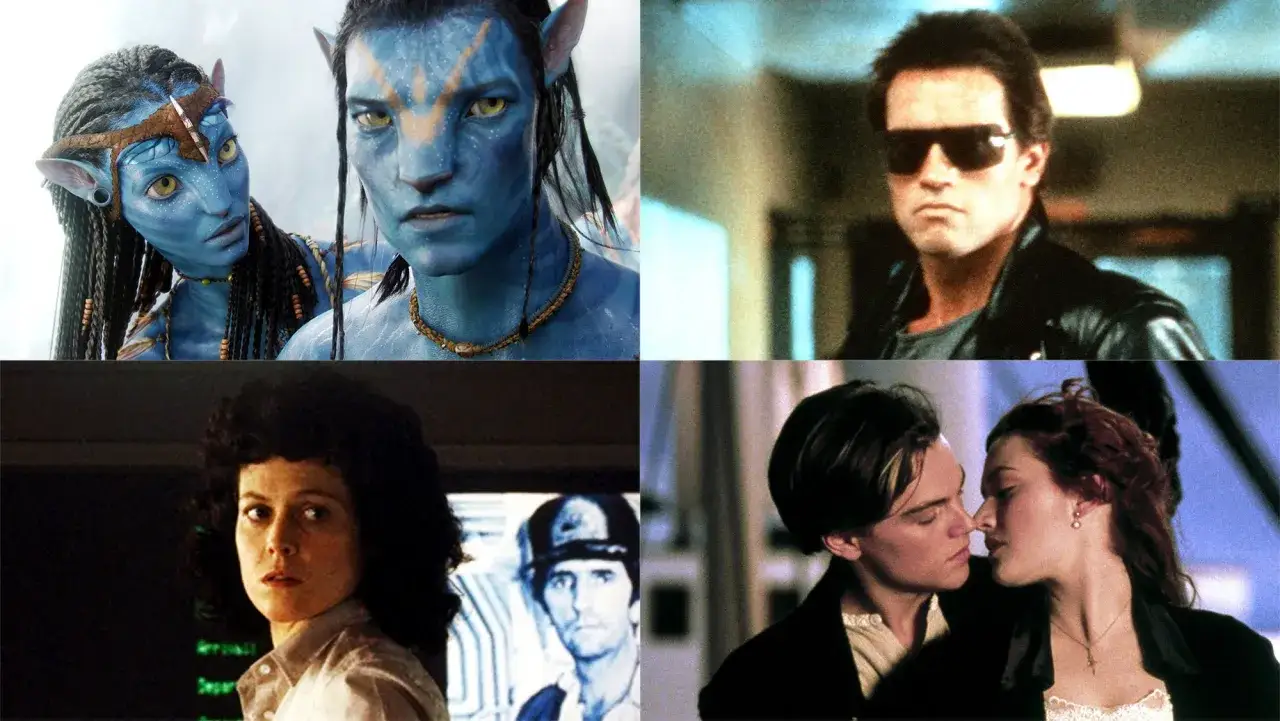 Kolaż z kadrów z filmów Jamesa Camerona: Avatar, Terminator, Obcy i Titanic.