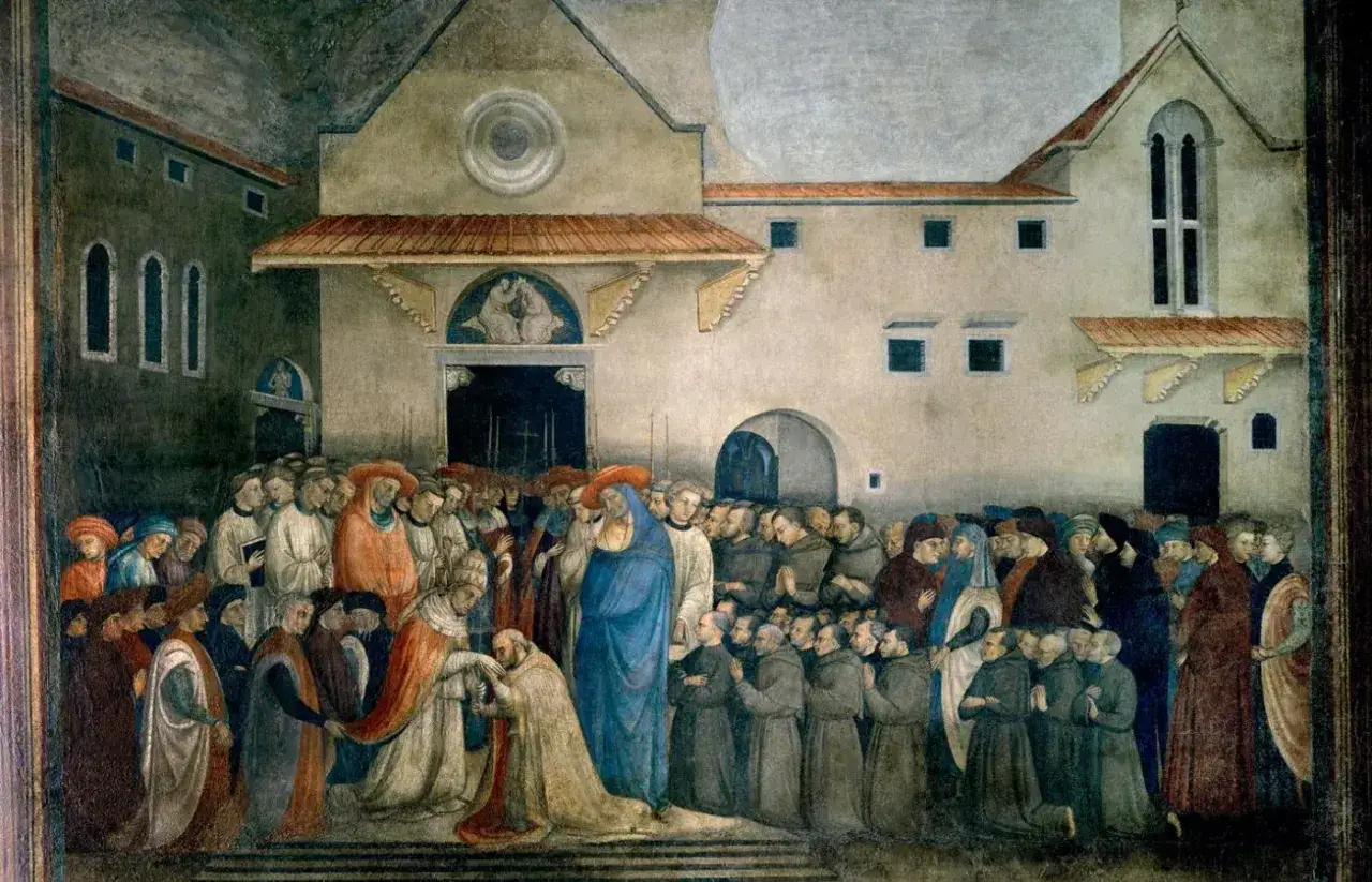 Scena z życia świętego Franciszka, historia 2. Franciszek klęka przed papieżem, tłum wiernych obserwuje.