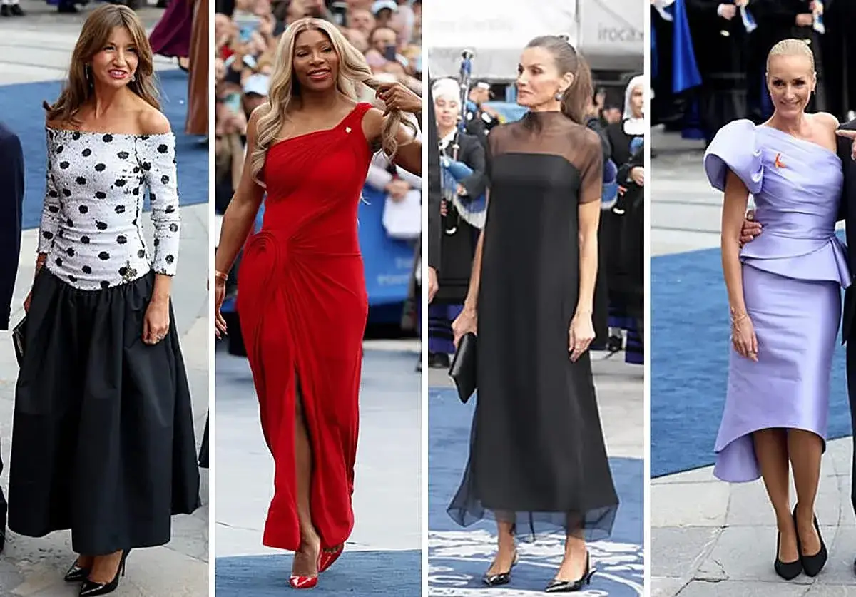 Cuatro mujeres lucen elegantes vestidos en los Premios Princesa de Asturias: uno de lunares, uno rojo, uno negro y uno lila.