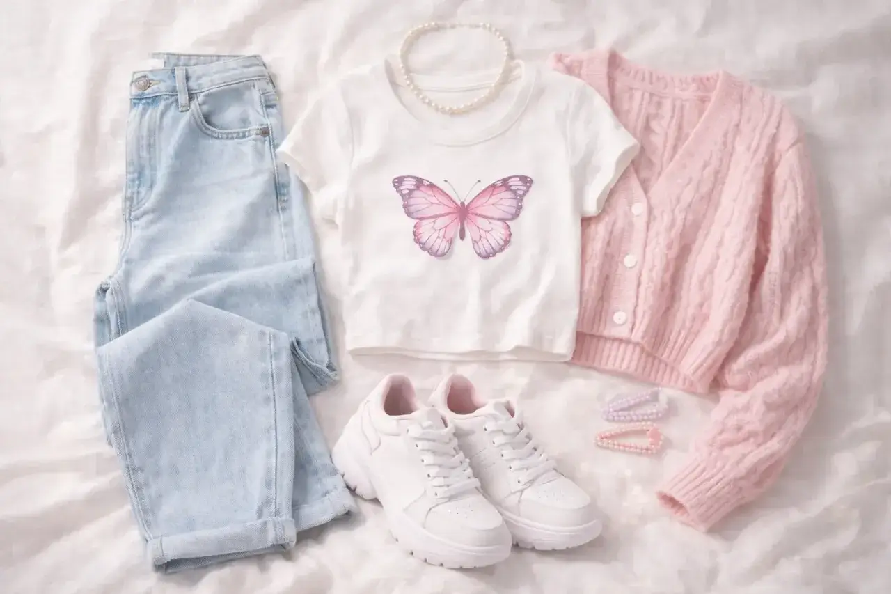 Ubrania w stylu vanilla girl: jasne jeansy, biały top z motylem, różowy sweterek, białe sneakersy i perłowe spinki.