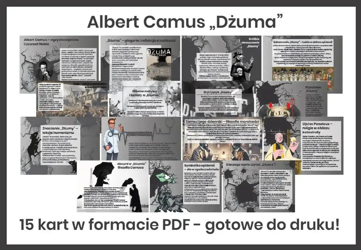 Albert Camus „Dżuma” – analiza egzystencjalizmu i lekcji humanizmu. Obraz przedstawia kolaż grafik i tekstów dotyczących powieści.
