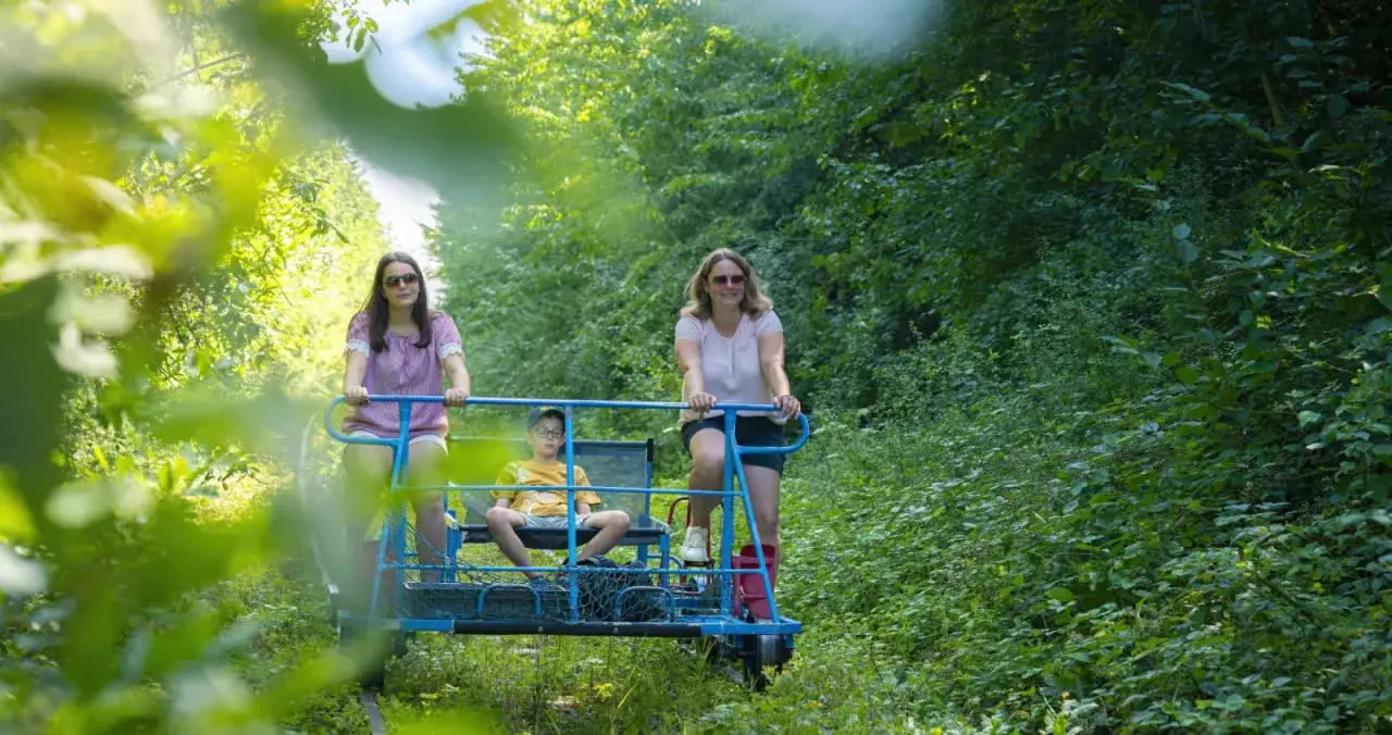 Famille profitant d'activit&eacute;s sans &eacute;cran adultes et enfants sur un draisine dans une for&ecirc;t verdoyante.