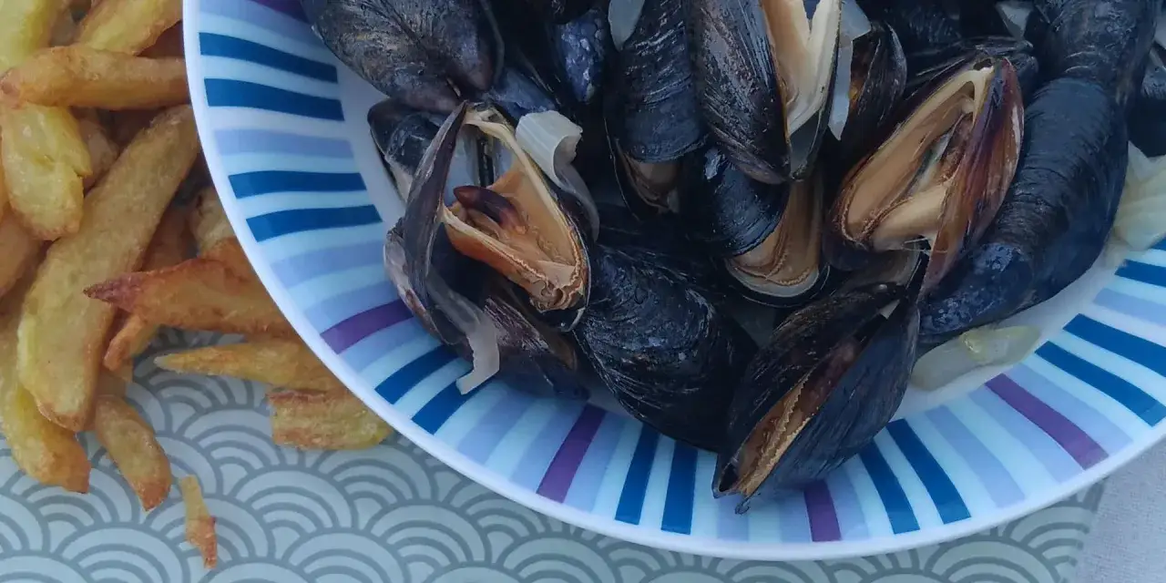 Moule normande c'est quoi ? Un plat de moules cuisinées avec des frites dorées, servi dans une assiette rayée.