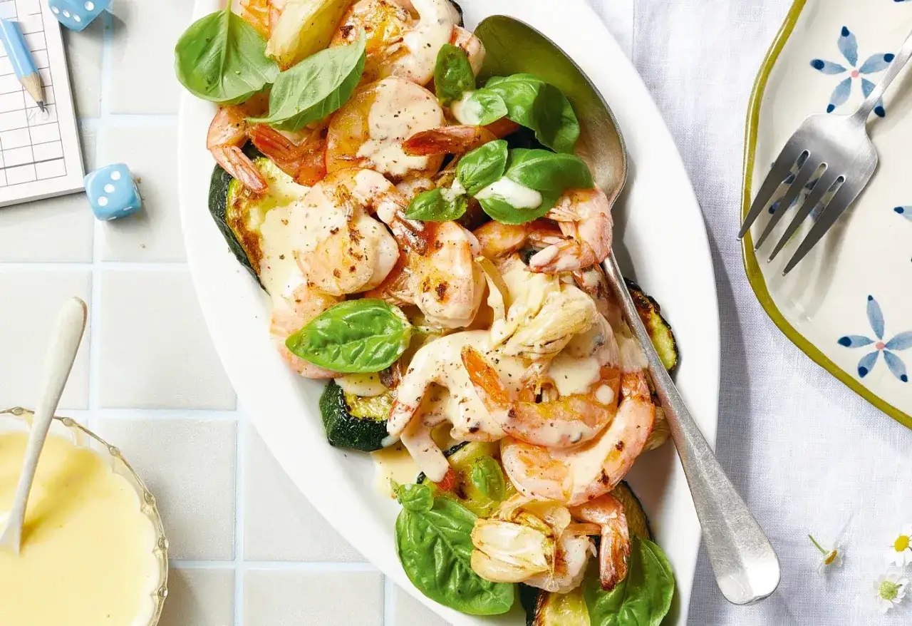 Gebratener Zucchini-Salat mit Garnelen und cremiger Sauce, garniert mit Basilikum. Ein k&ouml;stliches Gericht, das Lust auf mehr macht.