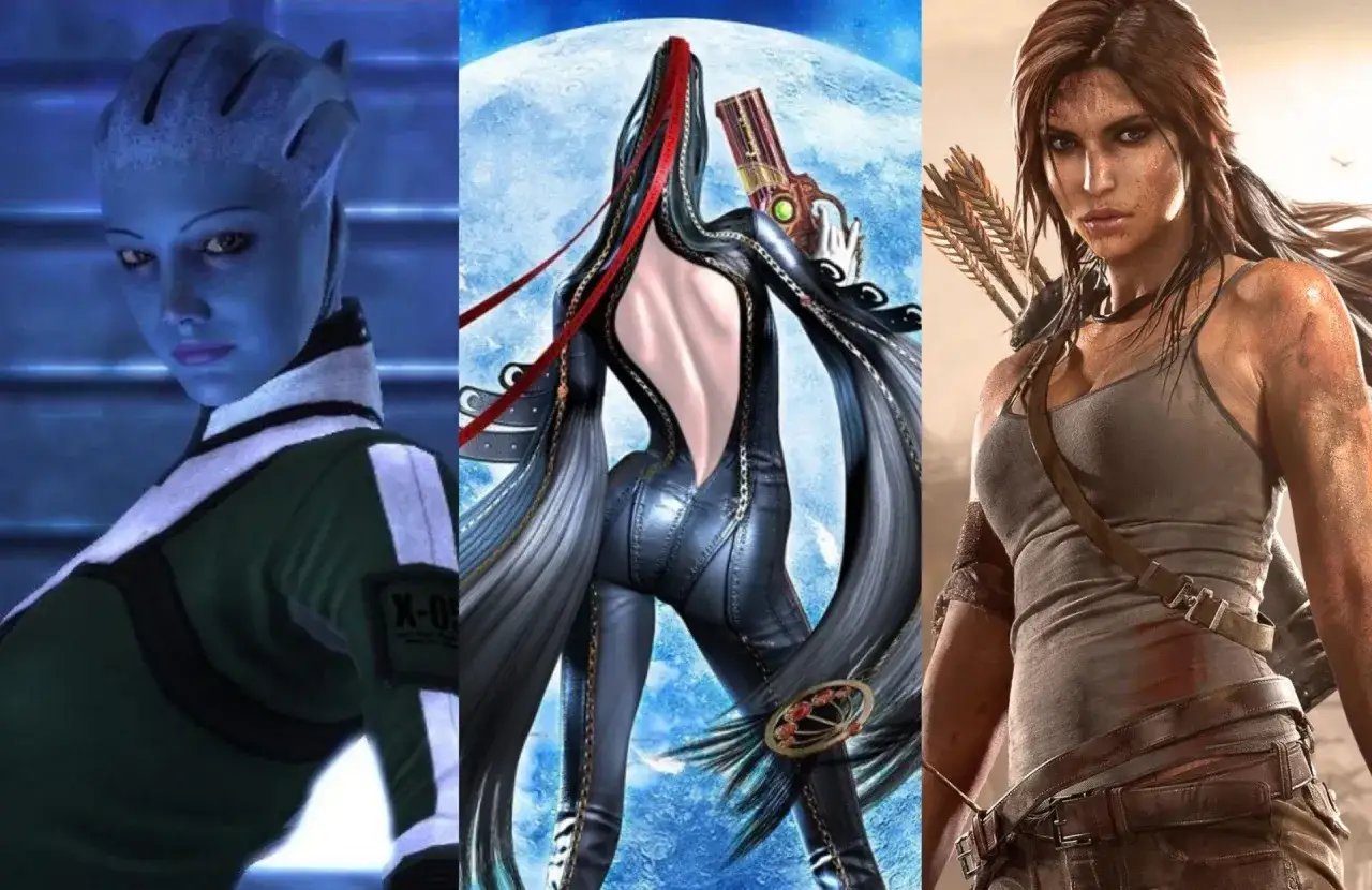 Trzy ikoniczne postacie z gier: niebieskoskóra kosmitka, seksowna wiedźma z pistoletami i Lara Croft.