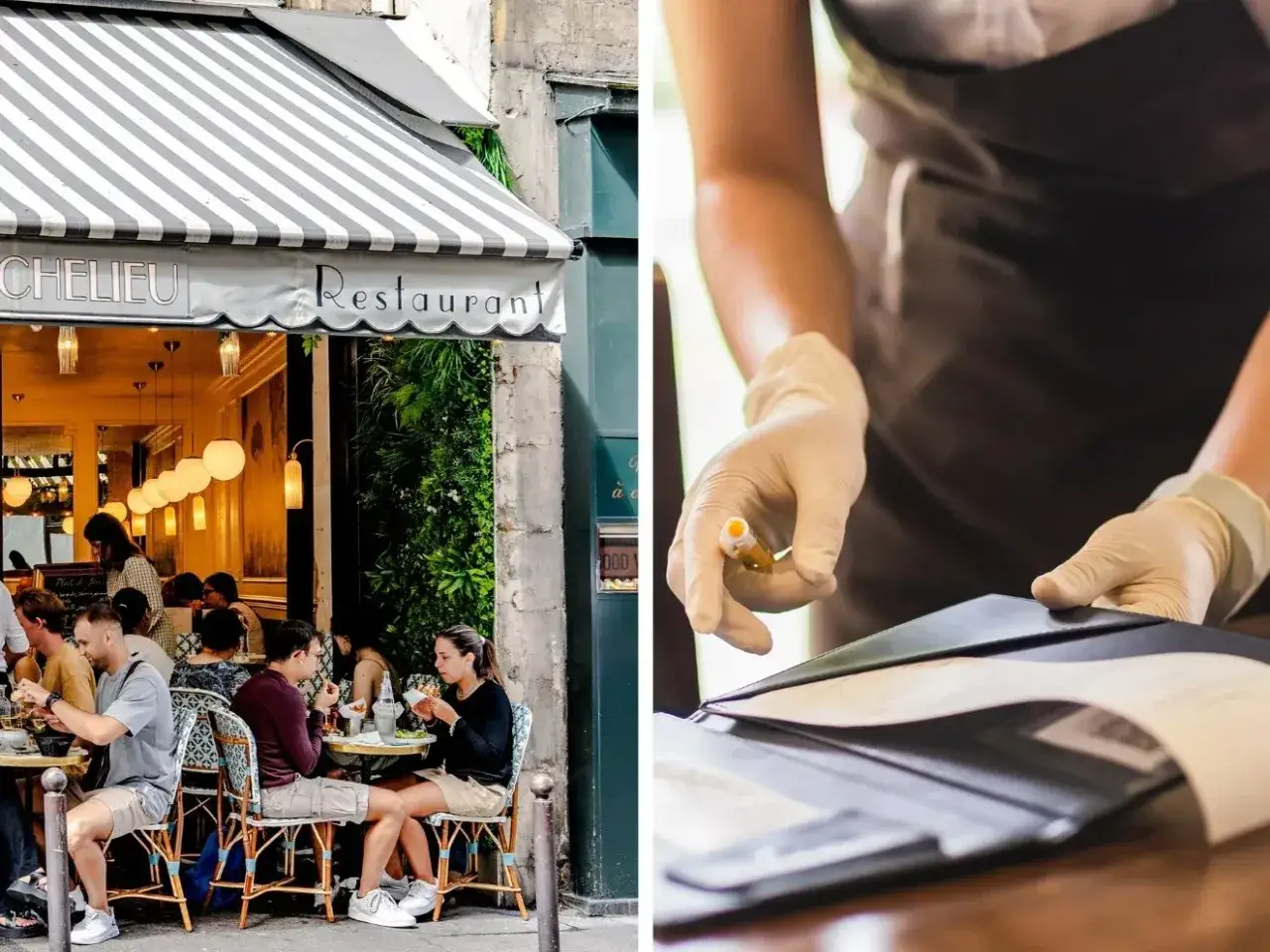 Kelnerka w białych rękawiczkach przygotowuje rachunek po francusku w paryskiej restauracji.