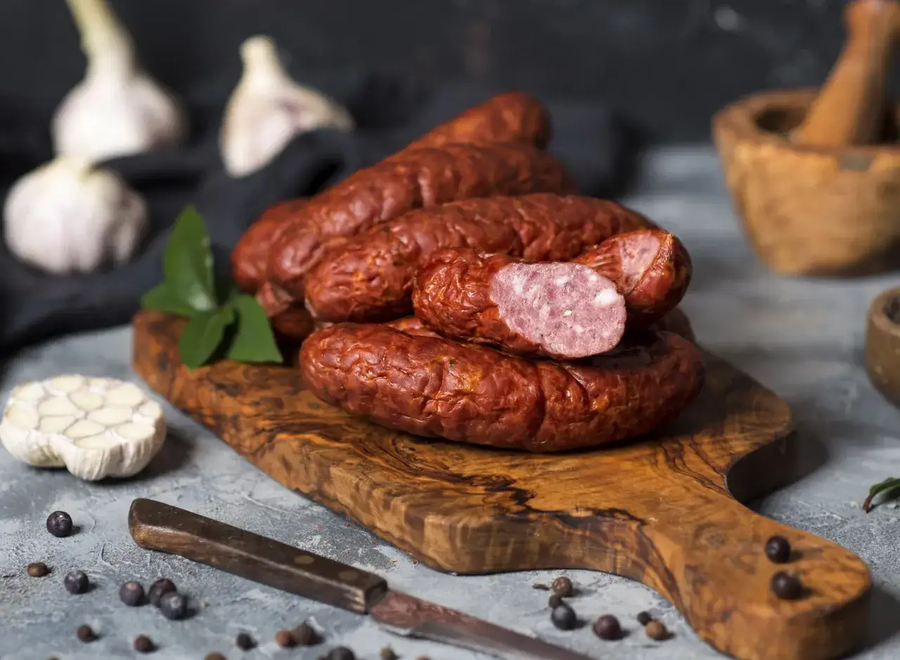 Kiełbasa z dziczyzny, soczysta i aromatyczna, ułożona na drewnianej desce. Obok czosnek, jagody jałowca i przyprawy.