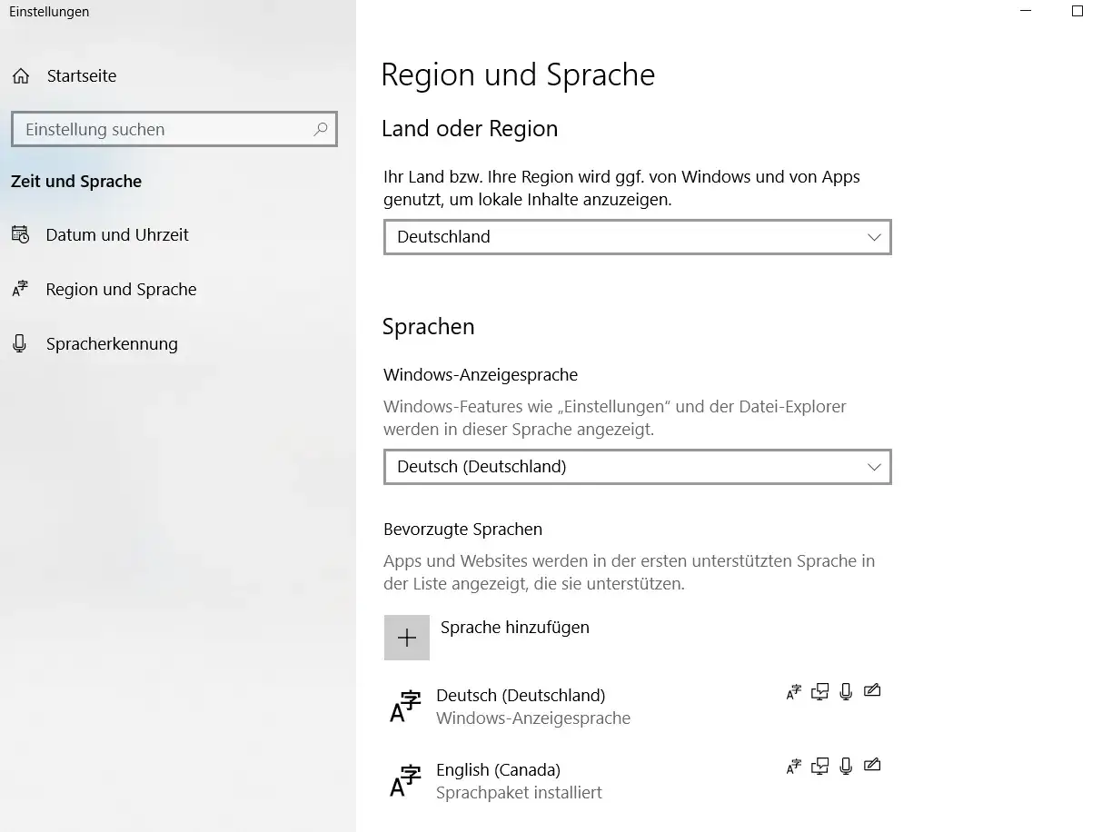 Windows-Einstellungen: Region und Sprache. Hier kann man das **Excel von Englisch auf Deutsch umstellen**, indem man Deutsch als Anzeigesprache w&auml;hlt.