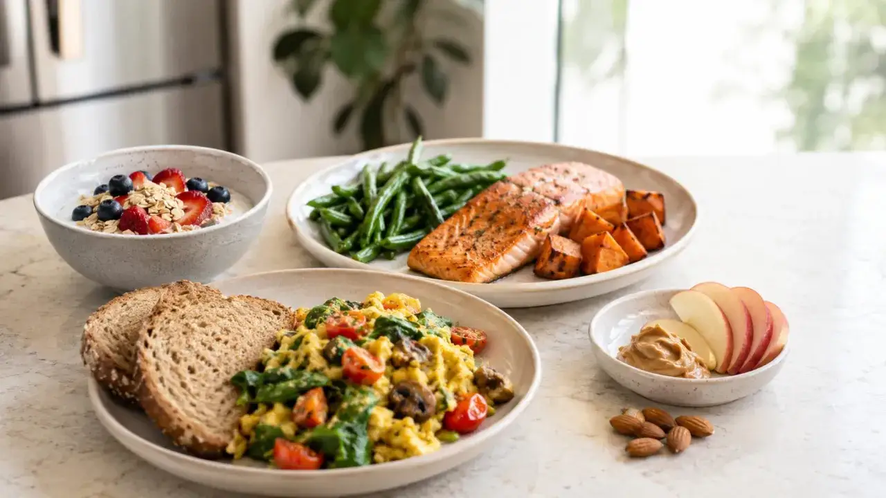 Colazione e pranzo bilanciati per una dieta per dimagrire: yogurt con frutta, uova strapazzate, salmone con patate dolci e fagiolini, pane integrale, mele e mandorle.