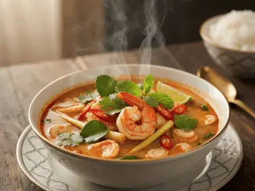 Fertige Tom Yum Goong Suppe in einer Schüssel serviert
