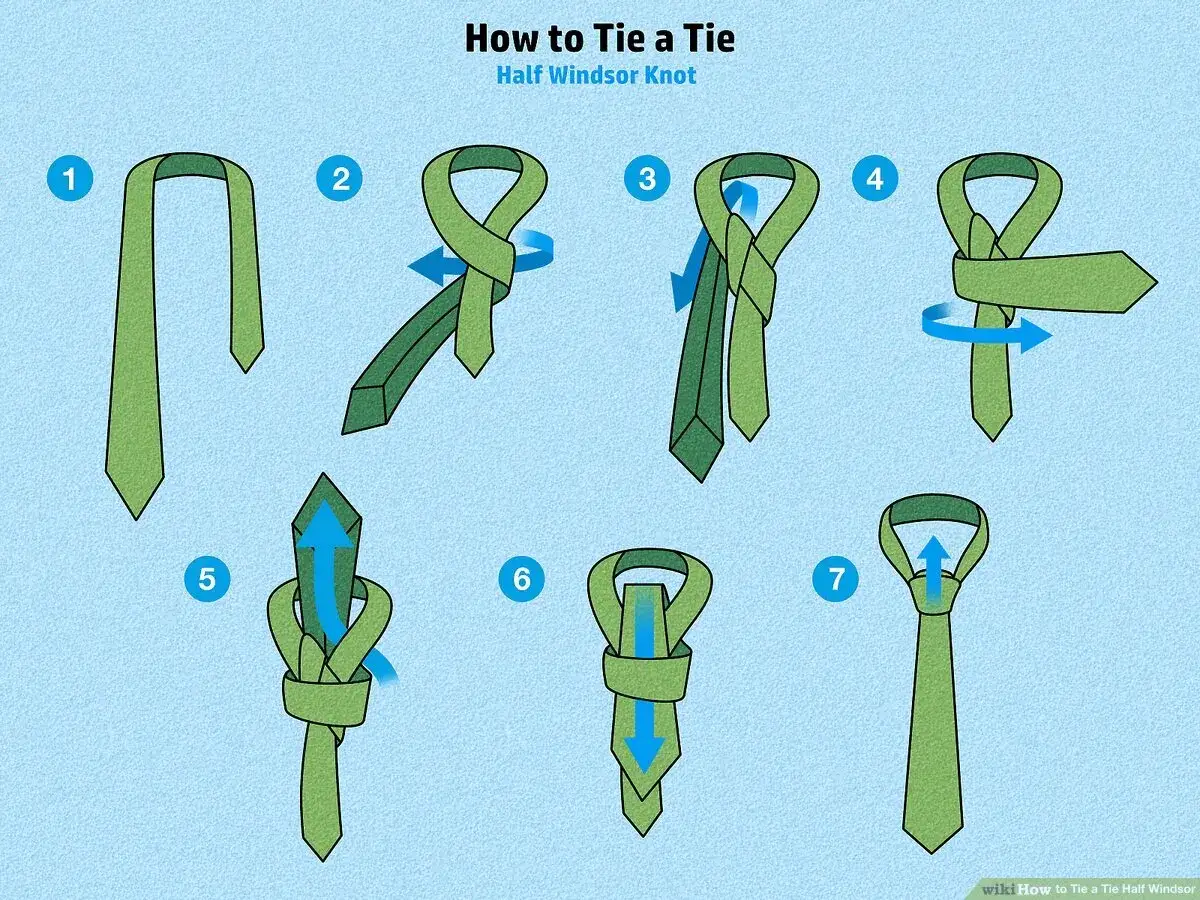 Illustrazione passo passo per creare un nodo Windsor. Sette immagini mostrano come annodare una cravatta.