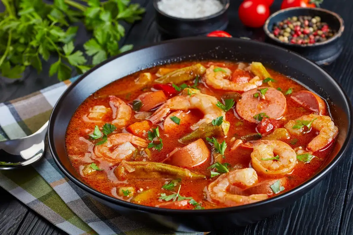 Gęste, aromatyczne gumbo z krewetkami, kiełbasą i okrą, posypane natką pietruszki.