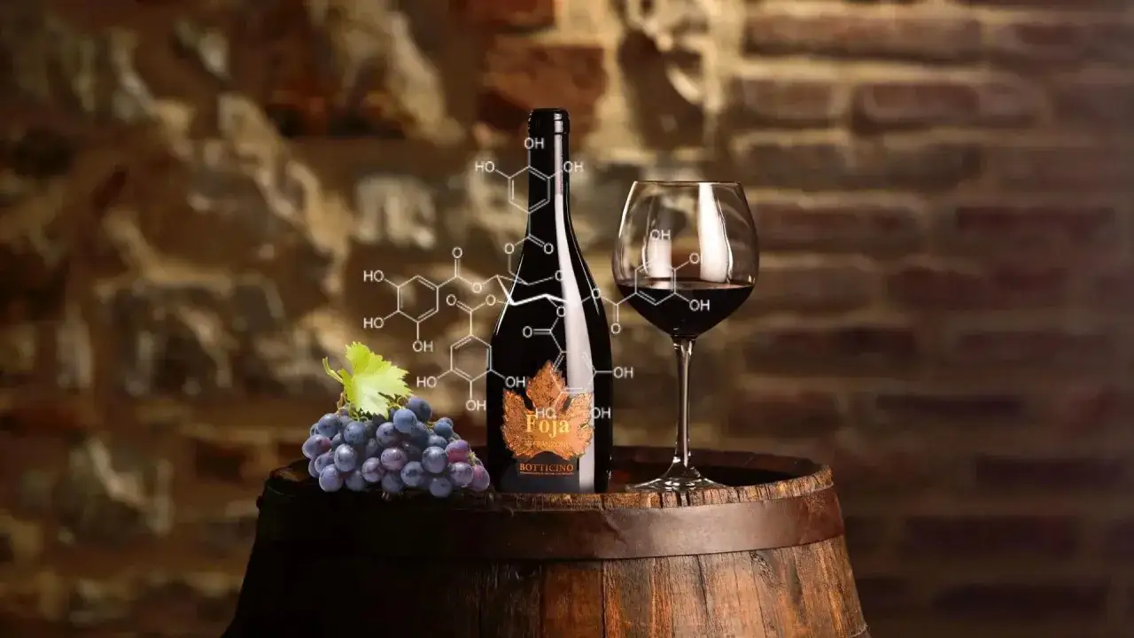 Vino rosso, uva e la formula chimica dei tannini, che conferiscono sapore e struttura.