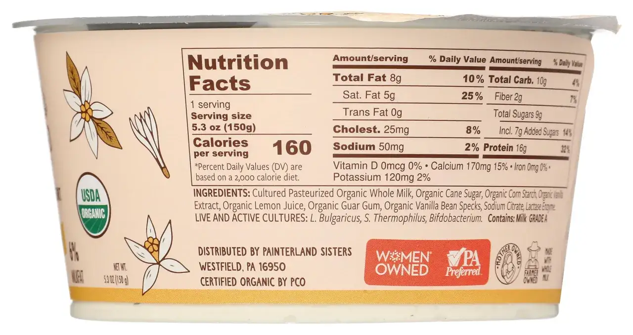 Skyr waniliowy: 160 kcal na porcję. Opakowanie z informacją o wartościach odżywczych, składnikach i certyfikacie USDA Organic.