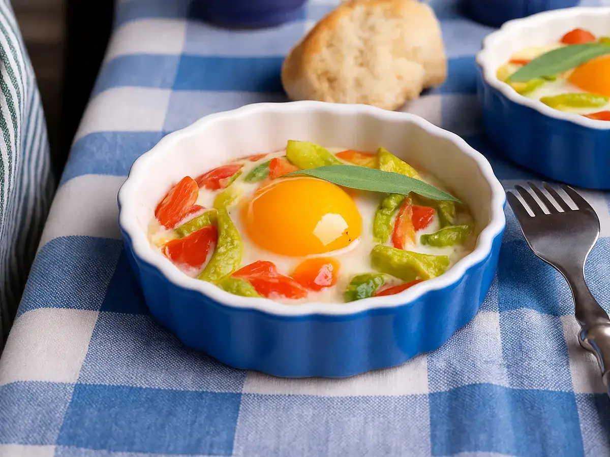 Un œuf cocotte appétissant dans un ramequin bleu, garni de poivrons et de tomates, prêt à être dégusté.