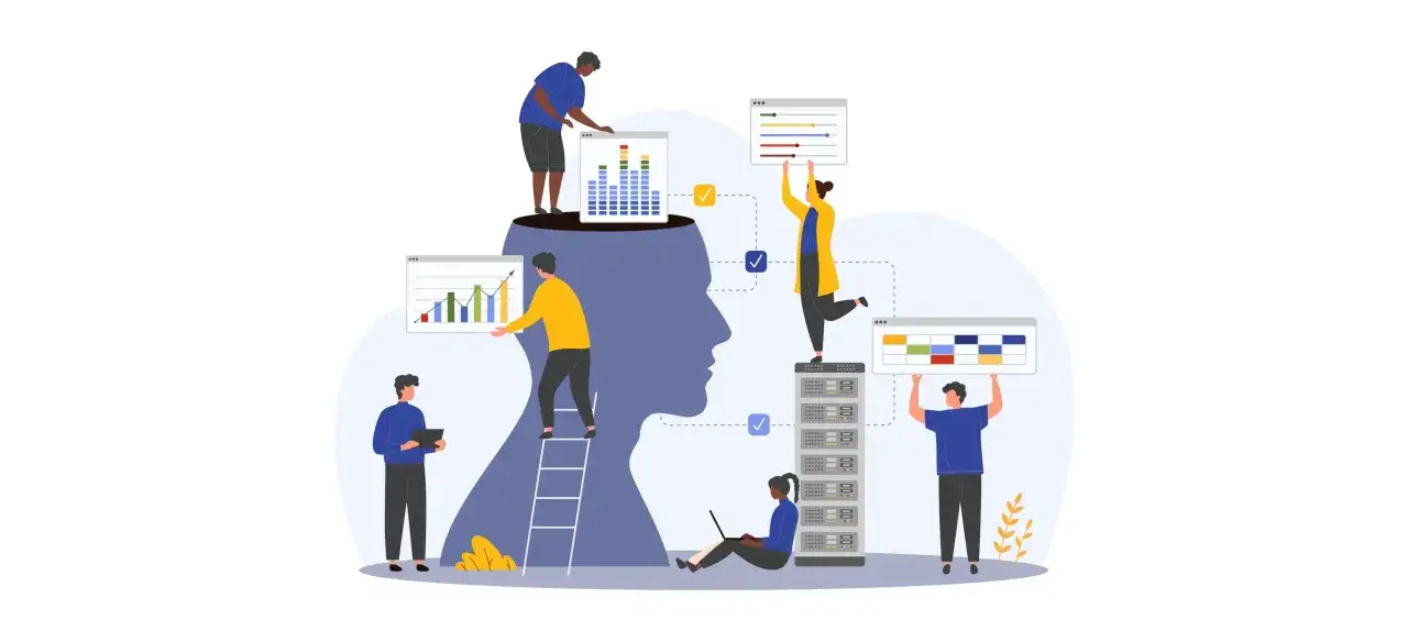 People interact with data visualizations and servers, symbolizing the **opportunity bias** in data analysis and decision-making.