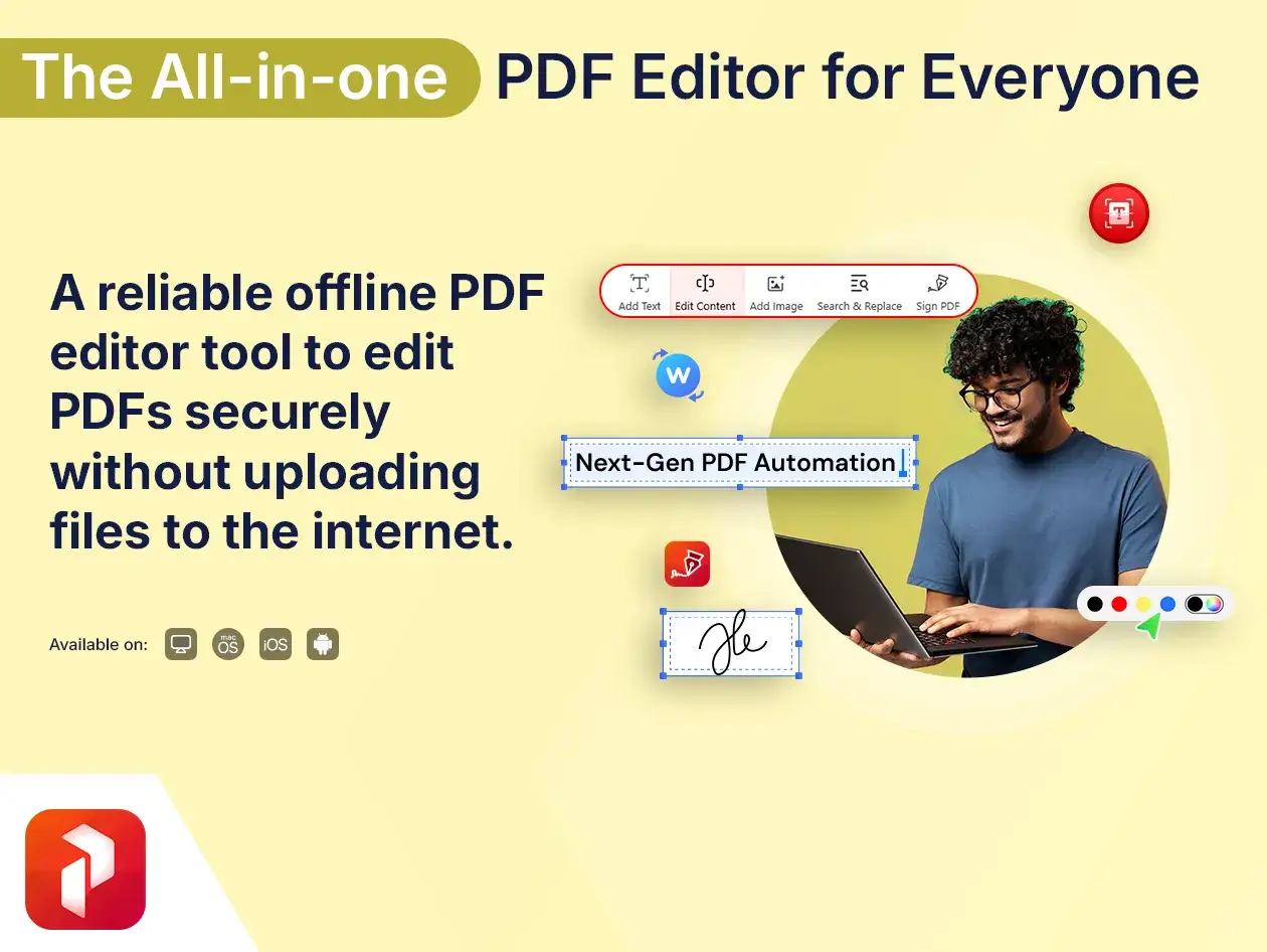 Darmowy edytor PDF, który pozwala bezpiecznie edytować pliki offline. Mężczyzna z laptopem korzysta z narzędzi do edycji.