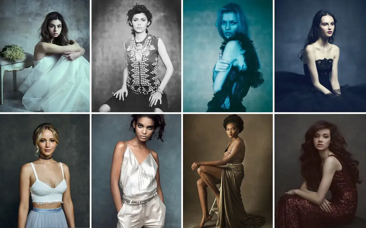 Portretowa fotografia studyjna: kobiety w eleganckich kreacjach, od sukni ślubnej po wieczorowe.