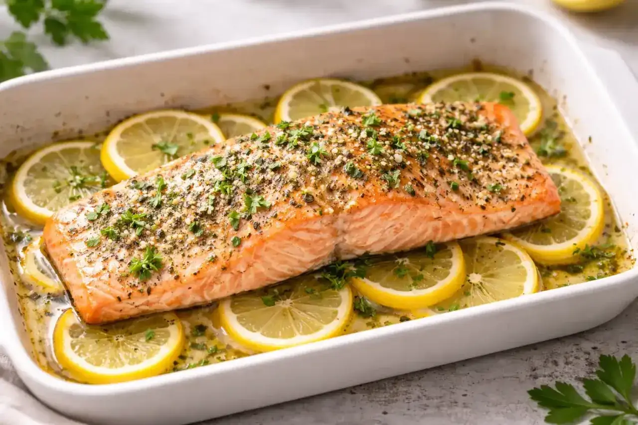 Un délicieux saumon au four, parsemé d'herbes et de poivre, repose sur des rondelles de citron dans un plat blanc.