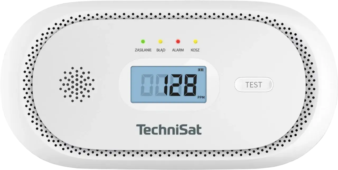 Czujnik czadu TechniSat z wyświetlaczem i przyciskiem TEST. Dowiedz się, jak sprawdzić czujnik czadu domowym sposobem, by zapewnić bezpieczeństwo.