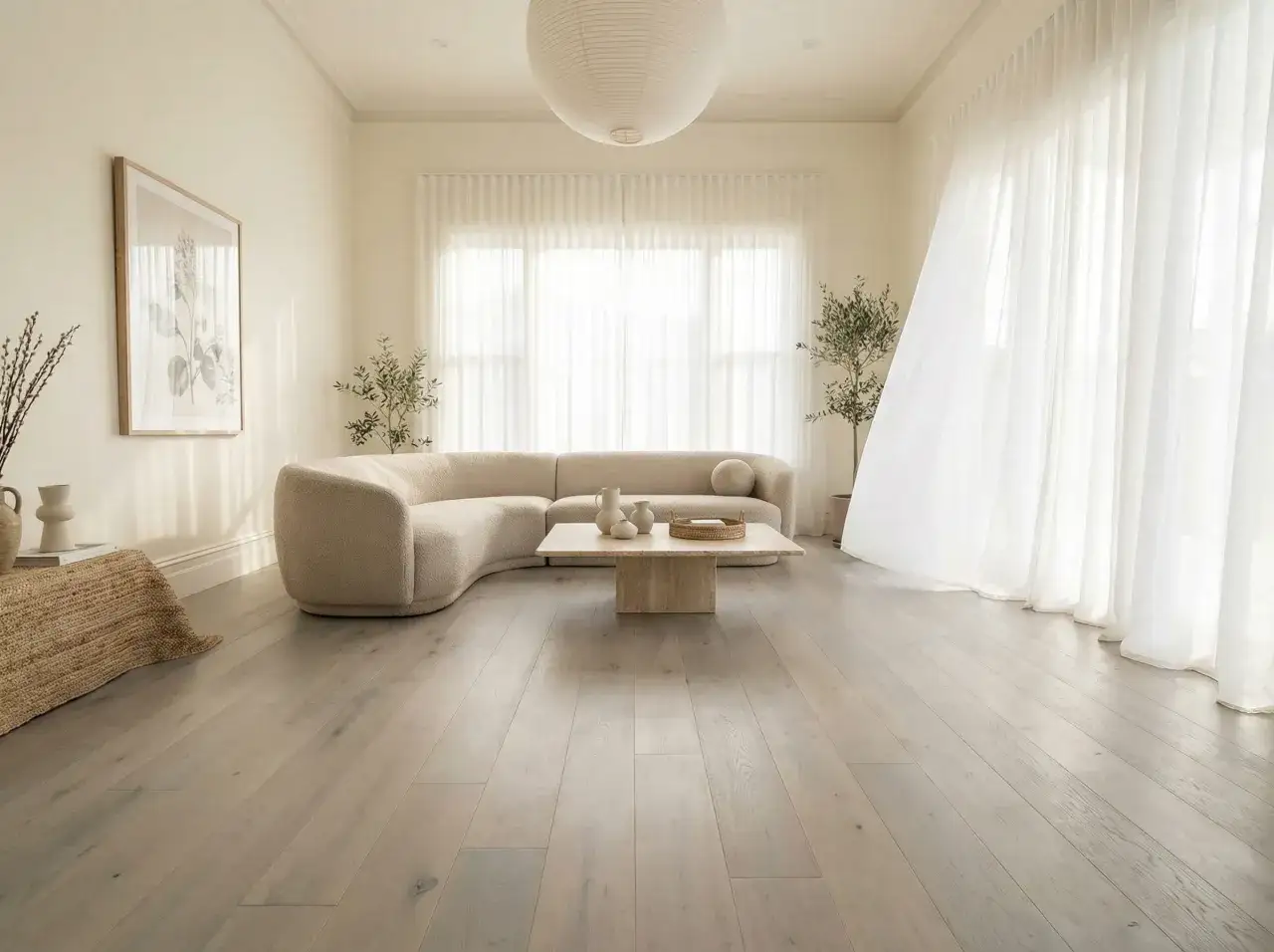 Salon lumineux avec canapé incurvé, table basse en travertin et sol en bois clair, évoquant une ambiance douce et naturelle, comme un **couleur béton ciré** subtile.