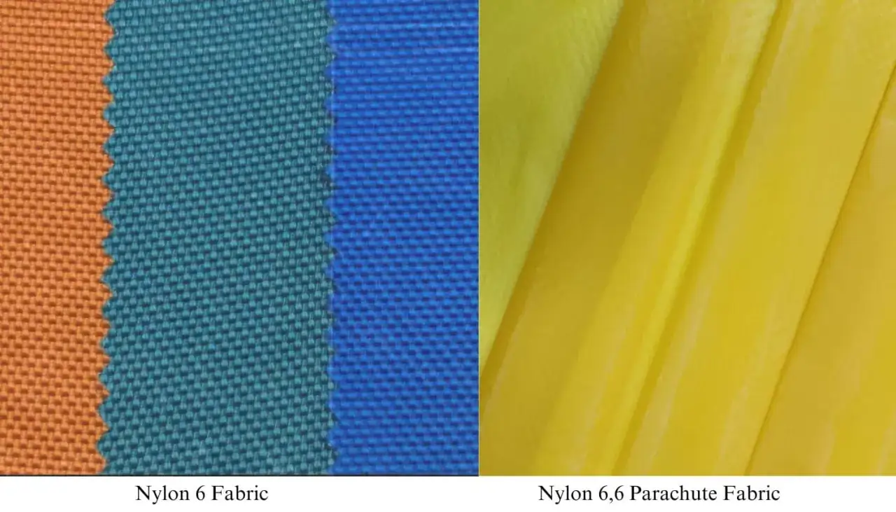 Pr&oacute;bki tkanin: pomarańczowy, turkusowy i niebieski Nylon 6 oraz ż&oacute;łty Nylon 6,6. Dowiedz się, jaki to materiał.