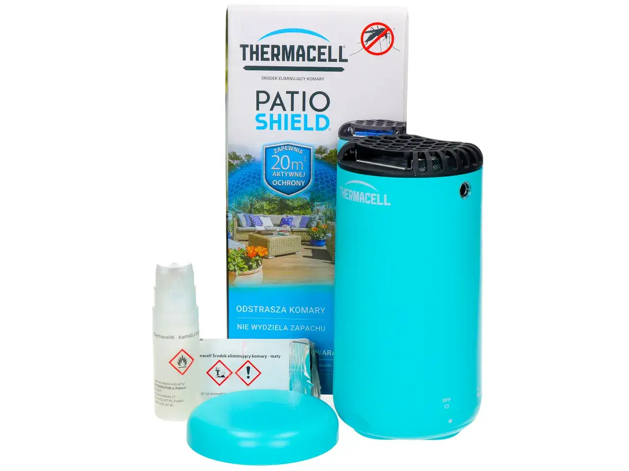Zestaw Thermacell Patio Shield: turkusowe urządzenie, kartridż i maty eliminujące komary. Idealny na letnie wieczory.