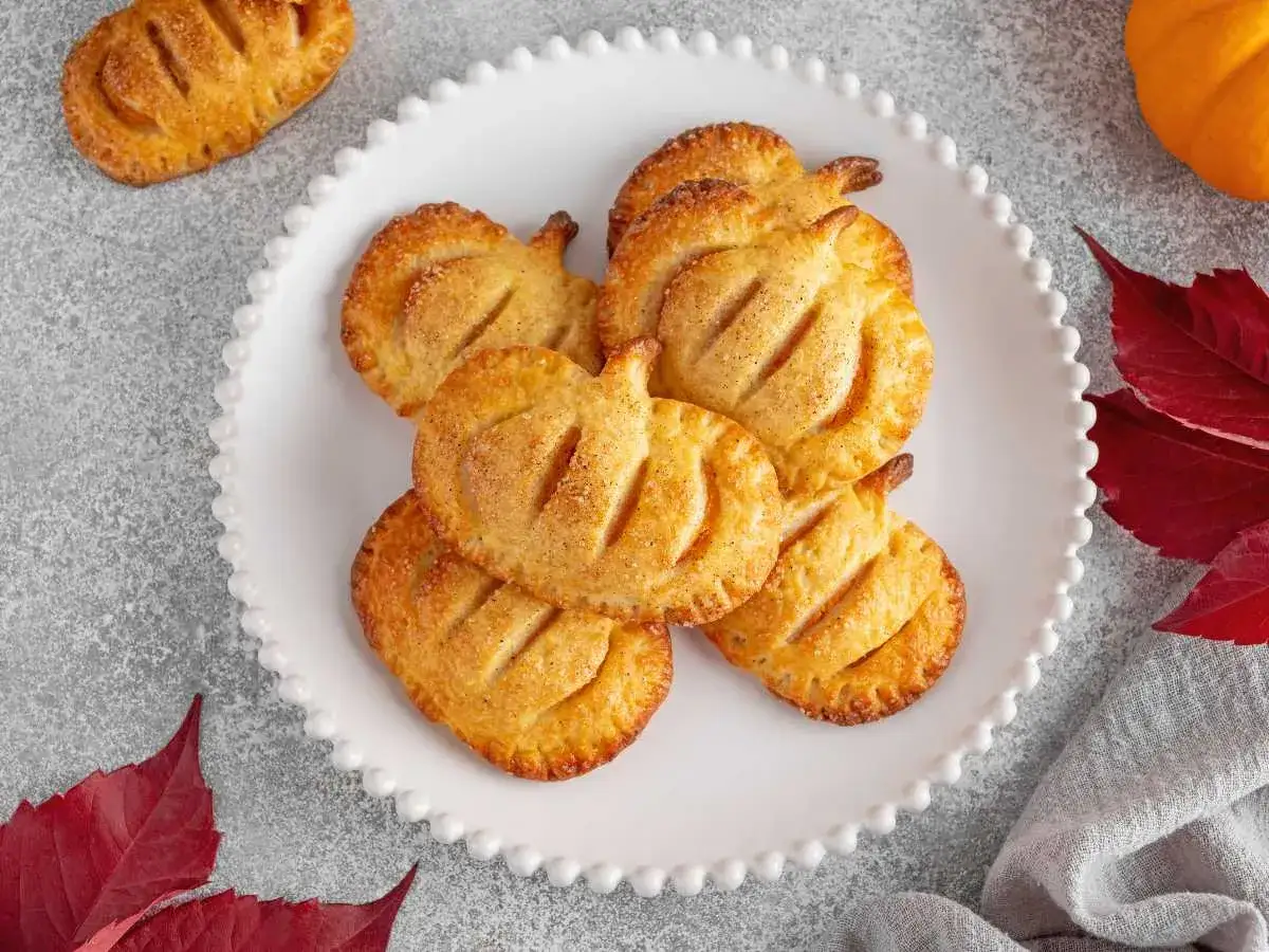 Deliciosos hojaldres de calabaza con forma de calabaza, espolvoreados con azúcar y canela, servidos en un plato blanco.