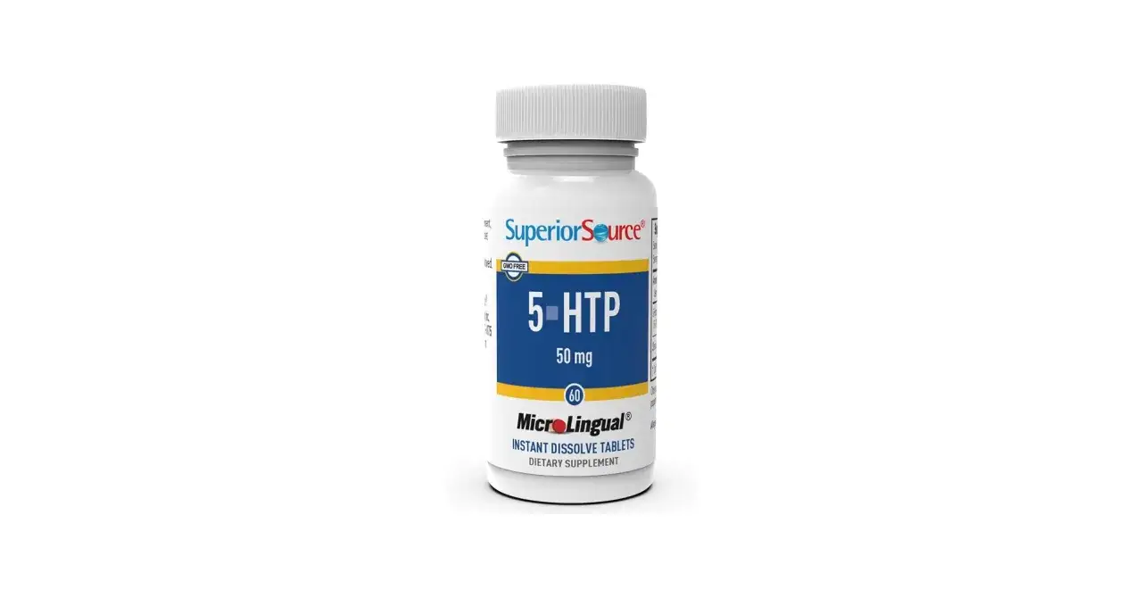 Flasche mit Superior Source 5-HTP 50 mg, 60 Instant Dissolve Tabletten. Ein Nahrungsergänzungsmittel für Ihr Wohlbefinden.