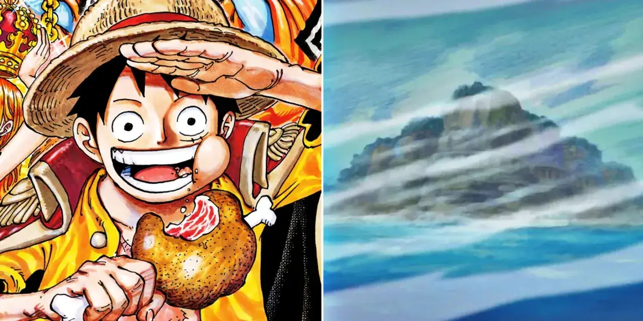 Luffy is eating meat, while a mysterious island appears in the clouds. Die Frage, wie viele Folgen hat One Piece, beschäftigt Fans weltweit.