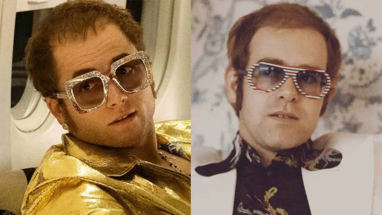 Taron Egerton som Elton John i Rocketman, med ikoniska glasögon och glittrig guldjacka.