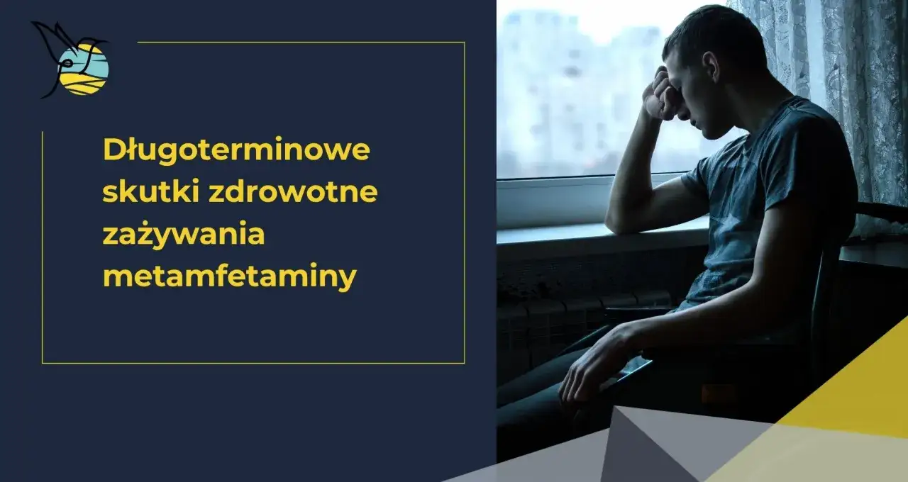 Młody mężczyzna siedzi przy oknie, pogrążony w myślach. Tekst informuje o długoterminowych skutkach zdrowotnych zażywania metamfetaminy.