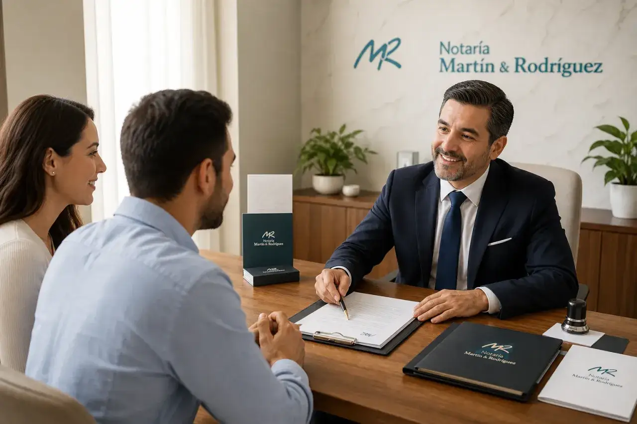 Pareja sonríe mientras un notario revisa el **acta previa hipoteca** en su oficina.