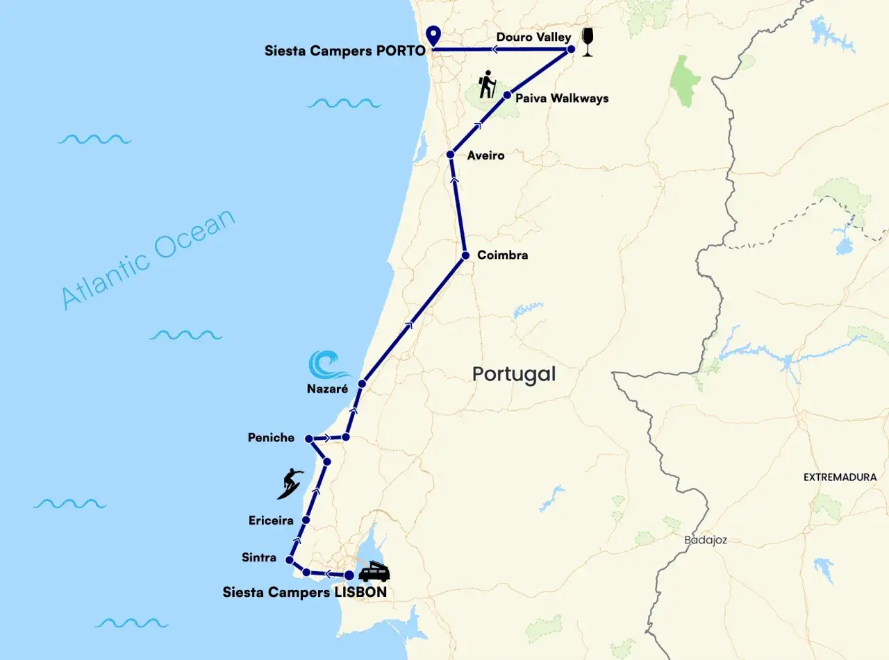Mapa de ruta de Siesta Campers: de Lisboa a Oporto, pasando por Sintra, Ericeira, Nazar&eacute;, Aveiro, Coimbra, Paiva Walkways y el Valle del Duero.