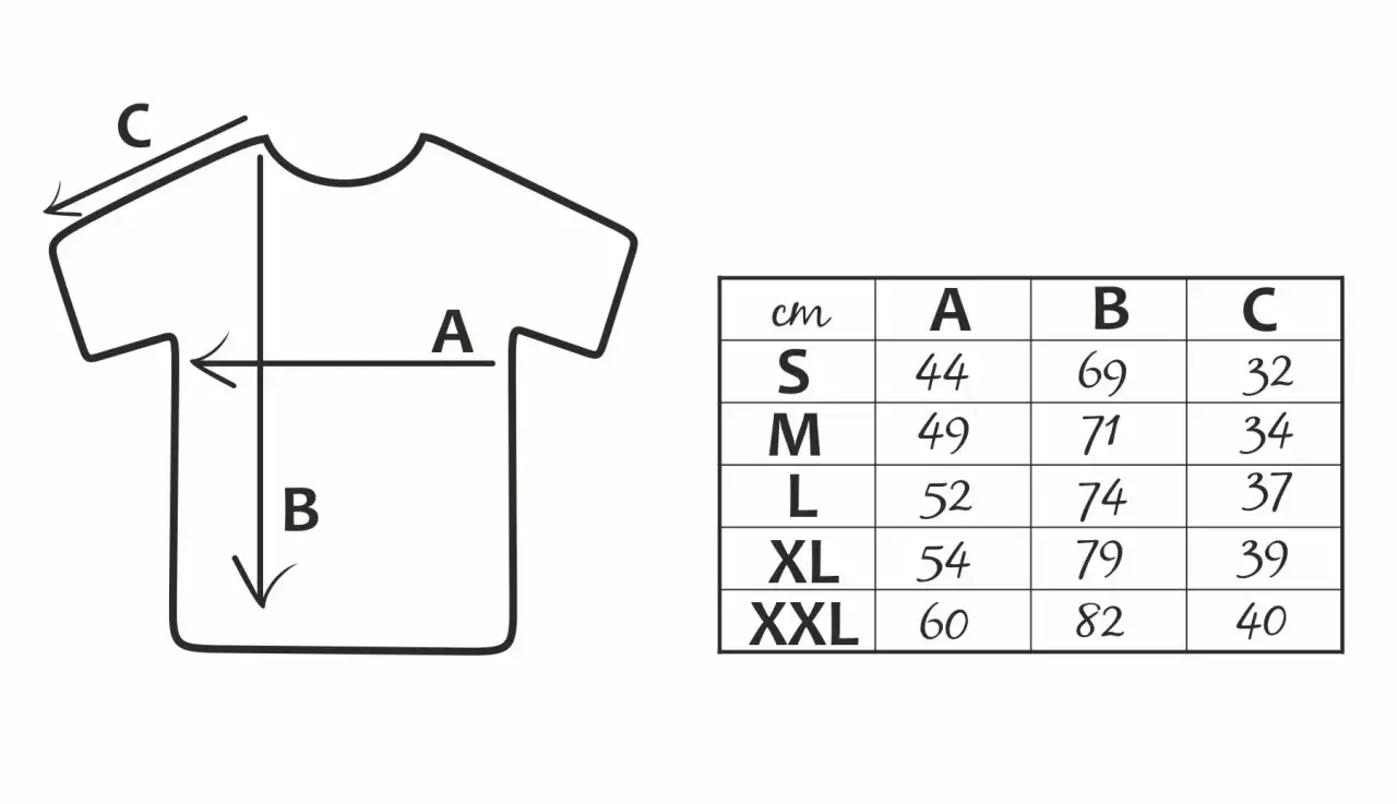 Tabela rozmiarów koszulek: jak mierzyć koszulki. Wymiary A, B, C dla rozmiarów S-XXL w cm.